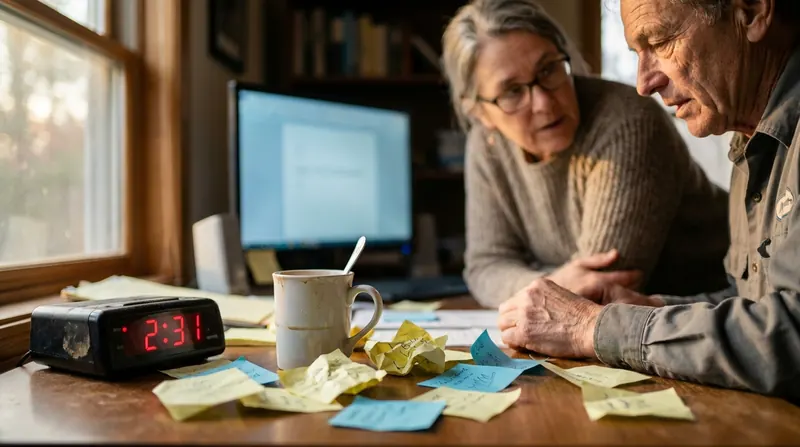 A cluttered desk clock reading just past two and a coffee mug gone cold beside sticky notes