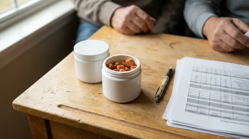 Two small white jars with orange lids standing on a desk beside a printed spreadsheet