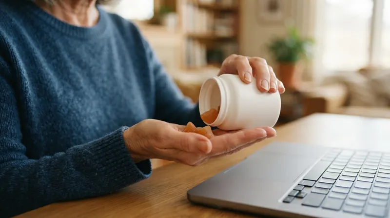 A hand tipping two orange soft chews from a small white jar beside a laptop keyboard