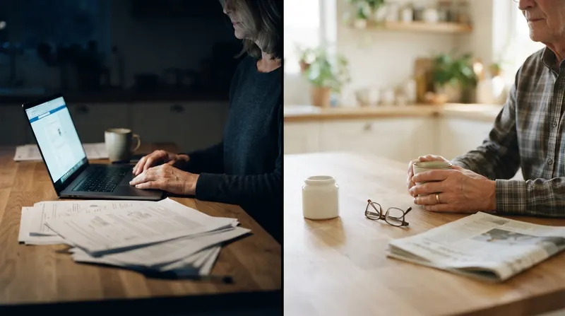 Left half, a kitchen table at night with a laptop and printed studies; right half, the same table in morning light with a small jar and reading glasses