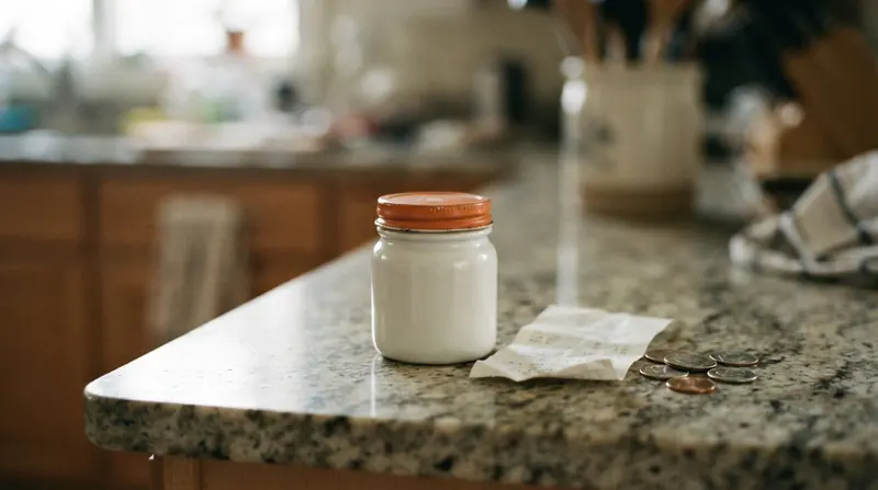 A small white jar standing beside a grocery receipt and loose change on a stone countertop