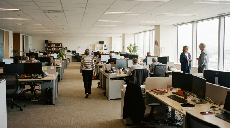 Wide view across an open-plan office in early afternoon, long rows of desks, a few people standing by a window