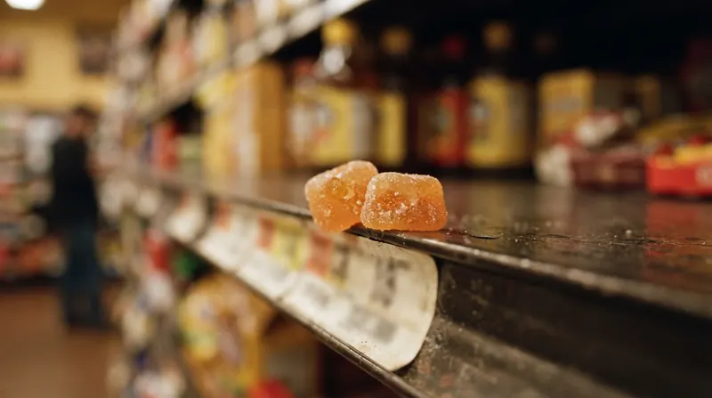 Extreme close-up of two orange soft chews resting on a printed price tag on a store shelf