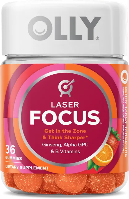 The OLLY Laser Focus jar, white with an orange lid, 36 soft chews